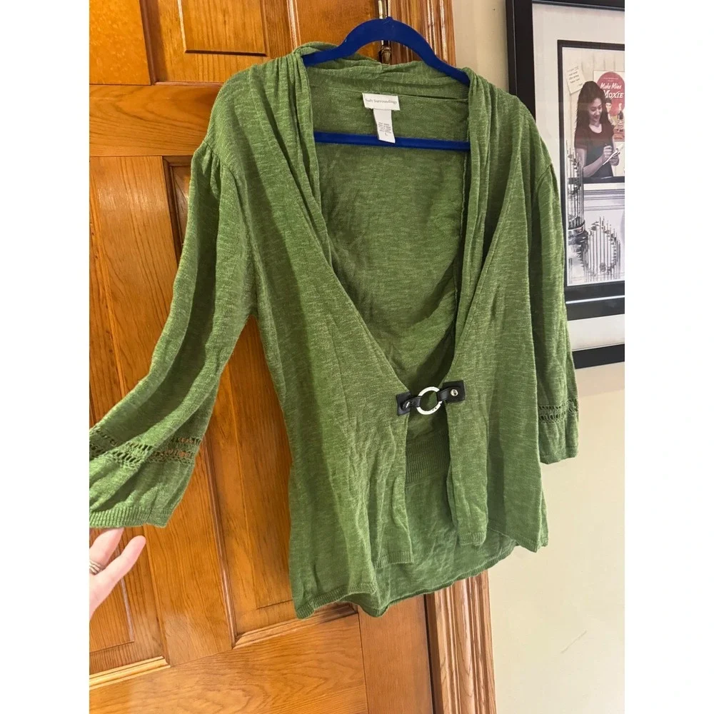 Soft‎ Surroundings Green Linen Blend Open Front Cardigan Sweater with Detail